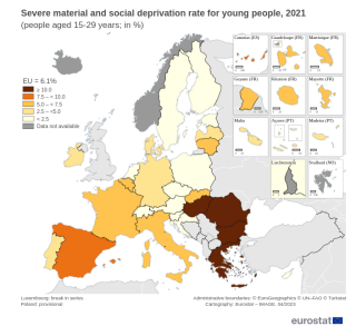 Map of Europe depicting Severe material and social deprivation rate for young people, 2021